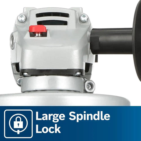 Close-up of Powerful 7.5 Amp 11000 RPM Four And One Half Inch Angle Grinder with large spindle lock and dual position side handle.