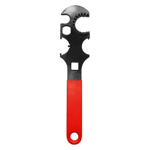 Armorers Wrench With Non Slip Rubberized Grips, Corrosion Resistant And Built For Precision, Dual Half Inch Drive Ports For Torque Wrenches, Positive Engagement On Notched Grooves And Slotted Nuts, Ideal For Automotive, Plumbing, And Home Repairs. Black and red armorer's wrench with rubber grip