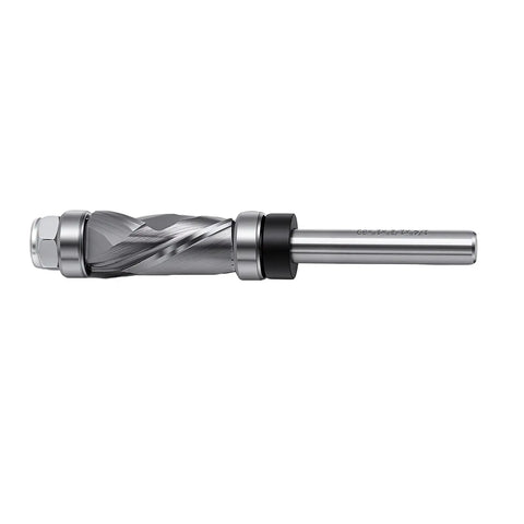 Top Rated Double Bearing Spiral Flush Trim Router Bit For Woodworking Projects With Dual Up Down Cut Design, shown at an angle.