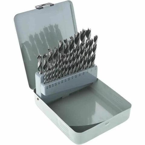Top Shelf Brad Point Drill Bit Set For Woodworking Includes 25 Precision Bits Ranging From 1/8 To 1/2 Inch With Heavy Duty Steel Carrier in open case.