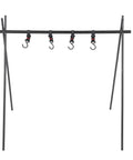 Portable Triangular Outdoor Storage Rack For Camping And Picnics, Lightweight Cookware Hanger with hooks visible.