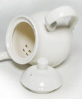 Open Gooseneck Porcelain Teapot With Lotus Design, 14oz Ceramic Tea Pot for tea or coffee brewing, lid removed, white porcelain