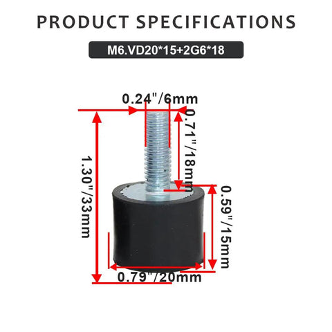 Road Warrior Style 4 Pack M6 Rubber Isolator Mounts Single Stud Shock Absorbers specifications showing dimensions and materials.
