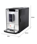 Top Shelf Bean To Cup Coffee Machine No Sweat Slick Operation 15 Bar Pressure, 32.5cm high, sleek black and silver design.