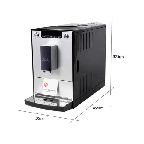 Top Shelf Bean To Cup Coffee Machine No Sweat Slick Operation 15 Bar Pressure, 32.5cm high, sleek black and silver design.