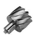 Side view of annular cutter with Weldon shank; silver metal, spiral-fluted cutting head