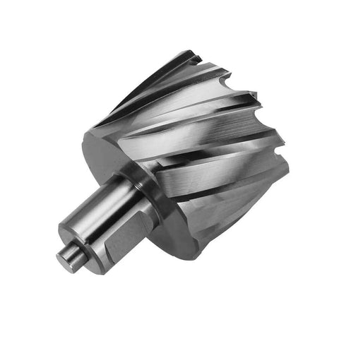 Side view of annular cutter with Weldon shank; silver metal, spiral-fluted cutting head