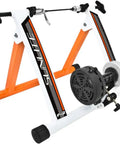 F-2 Magnetic Indoor Bicycle Trainer with heavy-duty frame, smooth magnetic resistance, foldable for easy storage, white and orange design
