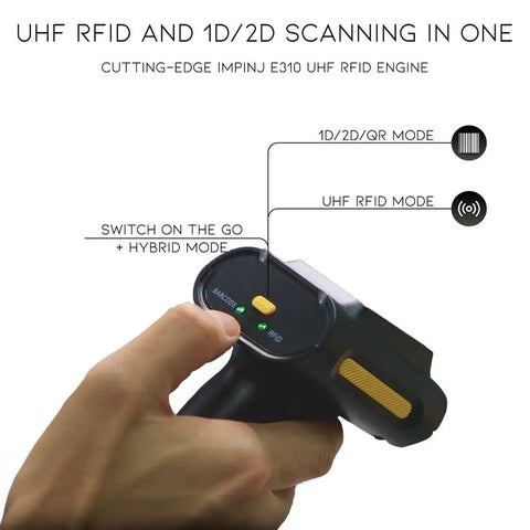 All In One UHF RFID And Barcode Scanner With 2D 1D And QR Reading, Hybrid Read Modes For RFID And Barcode, Build Your Own Bundle With USB Or Wireless Bluetooth Connectivity, Powered By Impinj E310
