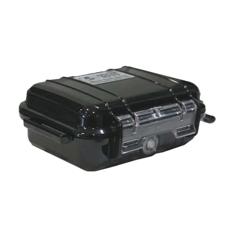 Crushproof Micro Hard Case For Smartphones And Tech Gear Sleek Black Shell with watertight latches shown from a side angle.