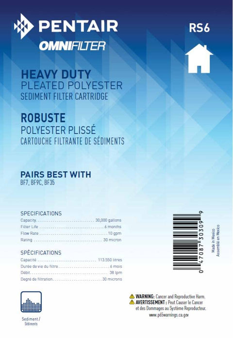 Packaging of RS6 Sediment Water Filter Replacement Cartridge For 10 Inch Big Blue Whole House System showing product details