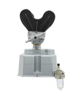 Solid As A Rock Air Operated Paint Shaker Heavy Duty Adjustable Clamp Agitator Mixer close-up view of air inlet and clamp design.