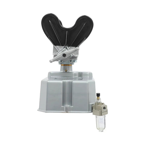 Solid As A Rock Air Operated Paint Shaker Heavy Duty Adjustable Clamp Agitator Mixer close-up view of air inlet and clamp design.