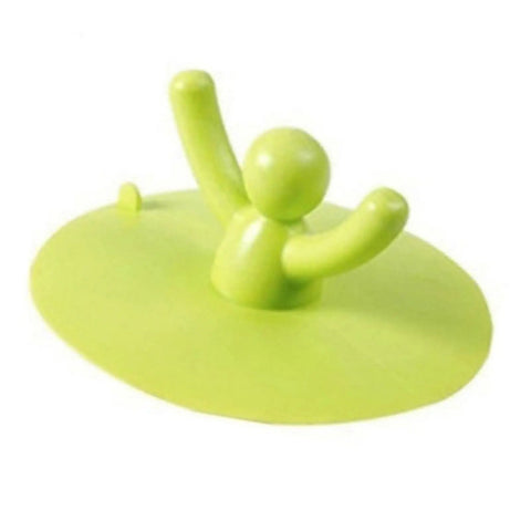Shower Bathtub Drain Covers, Food Grade Silicone, Kitchen, Green. Fun design of small person with arms raised, 9.5 cm diameter.