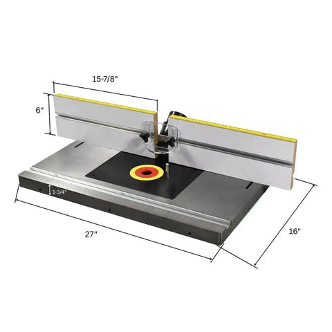 Pro Grade Cast Iron Router Table Extension With Tough As Nails Phenolic Plate And Precision Fence, 27x16 inch with fence details