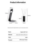 Professional Game Changing Coffee Distribution Tool With Magnetic Stand And Adjustable Wdt Needle dimensions and details in black metal design.