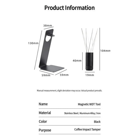 Professional Game Changing Coffee Distribution Tool With Magnetic Stand And Adjustable Wdt Needle dimensions and details in black metal design.
