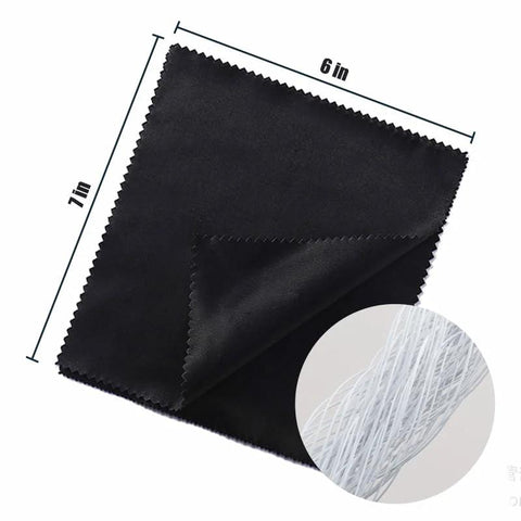 12-pack black microfiber cleaning cloths, 6x7 in, for lenses, screens, cameras, and eyeglasses; fiber texture shown