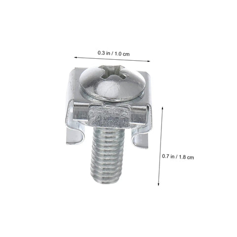 Top Shelf 100 Piece Rack Mount Screws Plus Cage Nuts Forged From Heavy Duty Steel With Zinc Coating To Keep Rust At Bay While You Rack Stack And Run Your Server Gear Like A Pro Without Breaking A Sweat. Close-up of a zinc plated cage nut and screw, dimensions 0.3 in x 0.7 in.