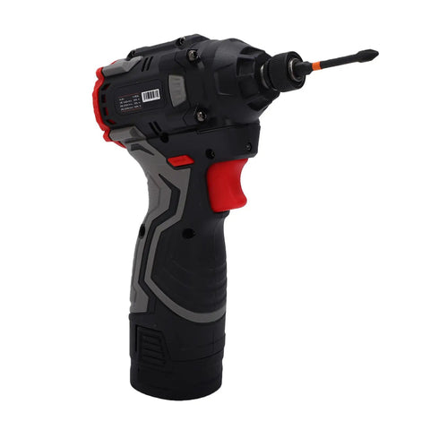 Heavy Hitter Cordless Drill Set Featuring Variable Speed Settings And Knockout Torque Engine 16.8 Volt Rechargeable Battery Compact Frame side view with bit attached.