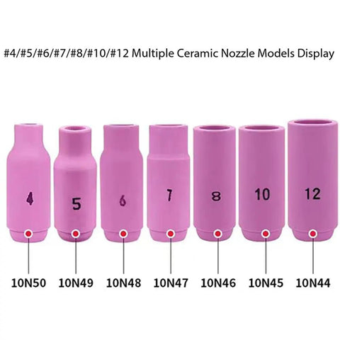 Heavy Duty 10 Pack TIG Torch Kit Nozzles Including Ceramic Cups For Aluminum Jobs High Heat Resistance Up To 3k Degrees F Welding Gear display of various ceramic nozzles