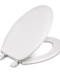 Elongated Plastic Toilet Seat With Impact Absorbing Hinges And Corrosion Free Hardware No Frills Economy Model in white finish