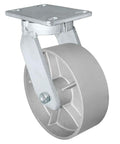 Real Deal Kingpinless Swivel Caster Featuring Durable Gray Iron Steel Wheel And Rock Solid Two Thousand Five Hundred Pound Load Capacity Built Like A Tank For Heavy Duty Industrial Applications, 6-inch wheel, reinforced metal frame.