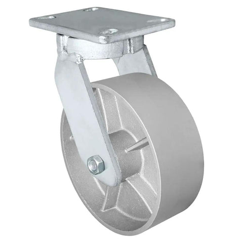Real Deal Kingpinless Swivel Caster Featuring Durable Gray Iron Steel Wheel And Rock Solid Two Thousand Five Hundred Pound Load Capacity Built Like A Tank For Heavy Duty Industrial Applications, 6-inch wheel, reinforced metal frame.