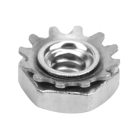 Rock Solid 100 Steel Toothed Nuts With Star Washers 6 32 Thread Locking Hardware for industrial robots close-up view.