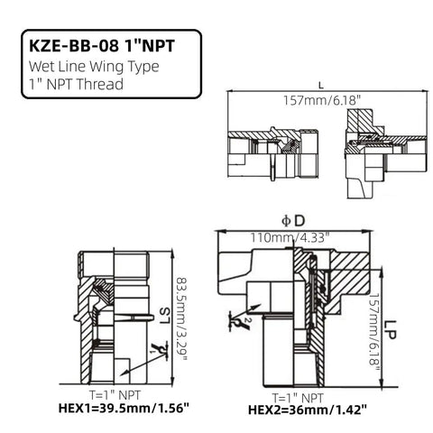 Built Tough For Your Rig Smooth No Sweat Wet Line Setup Heavy Duty 1 Inch Npt Hydraulic Quick Disconnect Coupler Set With Wing Nut Brass Fits Dump Trailers 3000 Psi diagram showing dimensions and details of a 1 inch NPT hydraulic coupler.