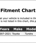 Fitment chart for Toyota Tundra 2007-2021, checking vehicle compatibility for parts fitting.