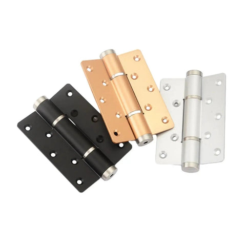 Black, bronze, and silver door hinges for indoor use, showing a Two Pack Soft Closing Door Hinge With Automatic 90 Degree Positioning And Hydraulic Closer 5 Inch Adjustable Closer Hardware In Silver For Quiet Smooth Reliable Indoor Door Opening And Easy DIY Installation.