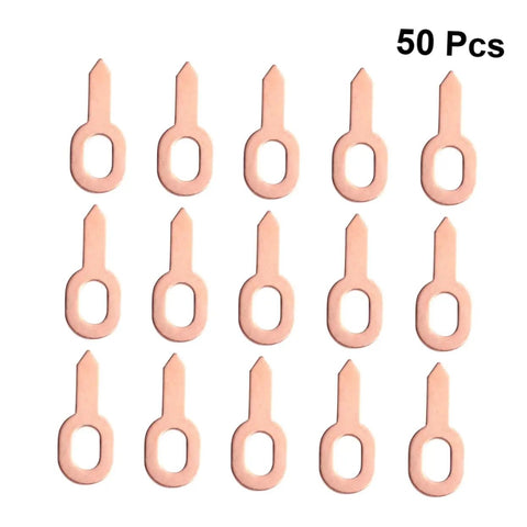 Pro Grade 50 Pack Aluminum Welding Sheet Metal Tabs For Quick Beat Up Panel Fixes And Hot Rod Garage Builds No Mess Gripper Clamps With Soft Touch Handles And Vintage Gold Paint Job, set of 50 light aluminum tabs on white background.
