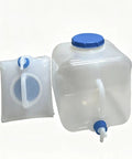 Two Pack 20L Collapsible Water Jugs With Wide Mouth Lids, 5.28 Gallons Each, showing foldable design and handle for easy use
