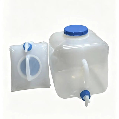 Two Pack 20L Collapsible Water Jugs With Wide Mouth Lids, 5.28 Gallons Each, showing foldable design and handle for easy use