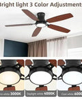 Bayfeve 52-Inch Flush-Mount Ceiling Fan with Light (Black + Plywood) showcasing bright light color adjustments: warm, daylight, cool.