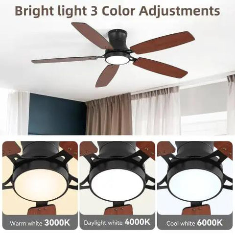 Bayfeve 52-Inch Flush-Mount Ceiling Fan with Light (Black + Plywood) showcasing bright light color adjustments: warm, daylight, cool.