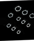 304 Stainless Steel C Shaped Retaining Clips Set 100 Pieces Split Washer Kit For M8 Axle Rings in various sizes on black background