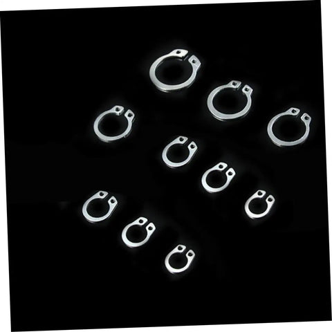 304 Stainless Steel C Shaped Retaining Clips Set 100 Pieces Split Washer Kit For M8 Axle Rings in various sizes on black background
