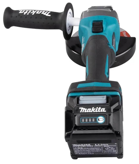 Badass Cordless Angle Grinder Kit Including Dual 40V Max Batteries And Smart Charger For Swift 125mm Metal Cutting Hella Lightweight Yet Serious Powerhouse Tool top view of angle grinder with battery and handle.