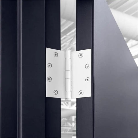 Top Shelf White Steel Door Hinges 9 Pack, 4 1/2 X 4 1/2 with 5/8 rounded corners, installed on door frame.