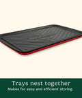 Grilling Prep And Serve Trays Set 17 x 10.5 Inch Dual Nesting Trays stacked for storage, red and black, BPA free melamine.