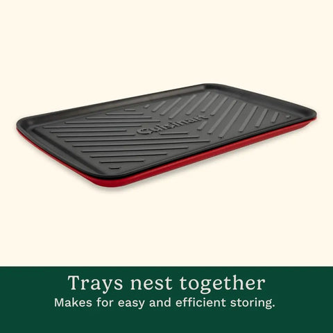 Grilling Prep And Serve Trays Set 17 x 10.5 Inch Dual Nesting Trays stacked for storage, red and black, BPA free melamine.