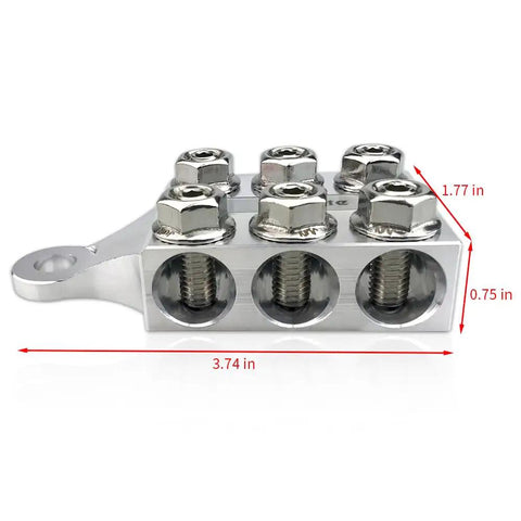 12 Way Post Terminal Distribution Block Bus Bar For 8 AWG To 4/0 XL Wire, Bolt Down Ends Or Threaded Studs, side view dimensions visible