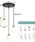 Dimensions and bulb types of Globe Pendant Light for Kitchen Island 3 Light Milk Glass White Frosted Sphere Ceiling Fixture Hanging Lamp