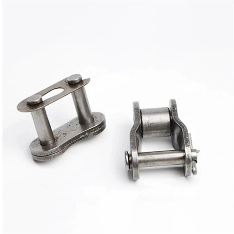Solid Carbon Steel Roller Chain Connector for Heavy Duty Machinery with two styles, durable and versatile for various chain sizes.