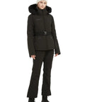 Woman wearing black Women's Ski Jacket For Snowboarding Warm Winter Coat With Hood, Windproof And Waterproof, Short Slim Fit, XL