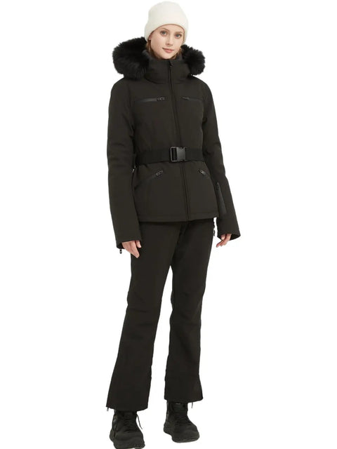 Woman wearing black Women's Ski Jacket For Snowboarding Warm Winter Coat With Hood, Windproof And Waterproof, Short Slim Fit, XL
