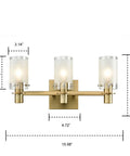 Three Light Vanity Wall Sconce With Explosion-Proof Frosted Glass Shade, gold finish, 3 E12 bulbs, front view dimensions shown