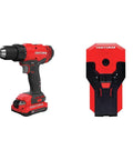 Built Tough Right Angle Cordless Drill Driver Kit With Dual Speed Motor And 1/2 Inch Ratchet Chuck Loads Up With Smart Stud Locator, showing drill and stud locator.